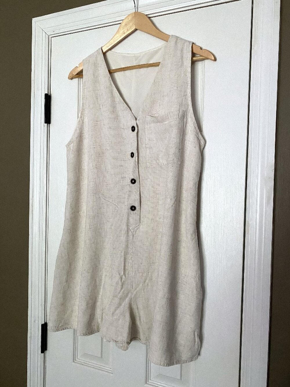 Linen Blend Beige Sleeveless Button Front Romper with Pockets - Size L